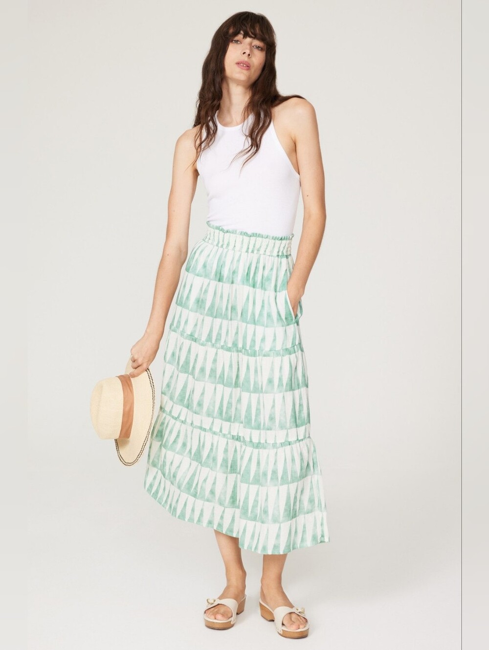 Marine Layers Corinne Maxi Skirt, Large, 100% Cotton Gauze, Green & White, Midi
